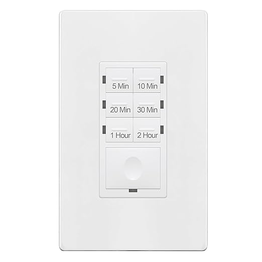 ENERLITES 2-Hour Countdown Timer Switch, 5-10-20-30 Min, 1-2 Hr, for Bathroom Fans, Heaters, Lights, LED Indicator, 120VAC 800W, No Neutral Wire Required, UL Listed, HET06-J-2H-W, White