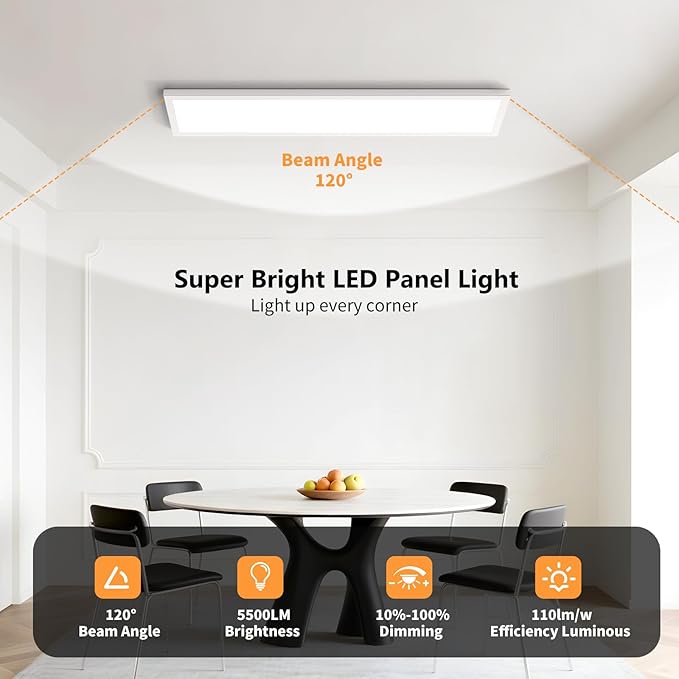AIKVSXER 4 Pack 1x4 LED Flat Panel Light, 50W 5500LM Surface Mount Ceiling Fixture, 3CCT (3000K/4000K/5000K), Ultra-Thin 48In, 10-100% Triac Dimmable for Kitchen, Garage, Office, Basement