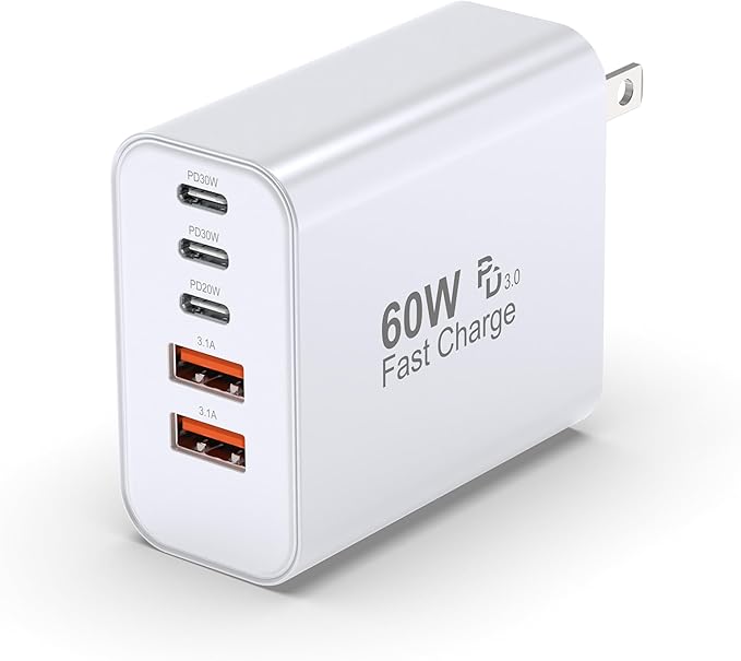USB C Charger Block, 60W 5 Ports USBC Wall Charger Plug Fast Charging, iPhone Charger QC Multiport PD Adapter Chargers, Type C Box Brick Cube for iPhone 17 16 15 14 13 12 Pro Max,Samsung (White 1Pack)