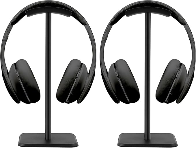 JIKIOU Headphone Stand Gaming Headset Holder Universal Aluminum Metal Headphones Holder Hanger with Aluminum Supporting Bar Flexible Headrest ABS Solid Base for All Headphone 2 Pack (Black)