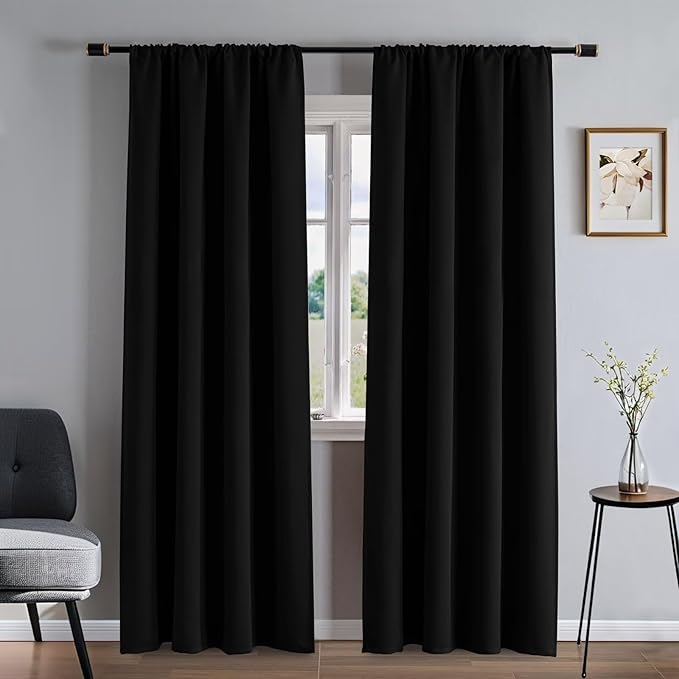 Blackout Curtains 72 Inch Length 2 Panels Set, Black Curtains Thermal Insulated Room Darkening Drapes for Bedroom, Rod Pocket Light Blocking Drapes Living Room Windows(52W × 72L, Black)