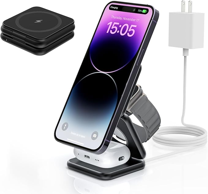 KU XIU X40 Foldable Magnetic Wireless Charger, 3-in-1 Charging Station for iPhone 17/16/15/14/13/12 & iPhone Air, 5W Fast Charging for Apple Watch S11–4/SE/Ultra 3/2/1, AirPods 4/3/2/Pro – Black