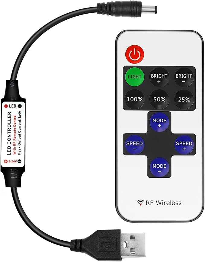 RF Mini Wireless Remote Controller for Single Color 3528 5050 LED Strip Lights, Wireless Remote Control with USB and DC Connector, RF Dimmer for 12V DC LED Ribbon, Shelf Lights