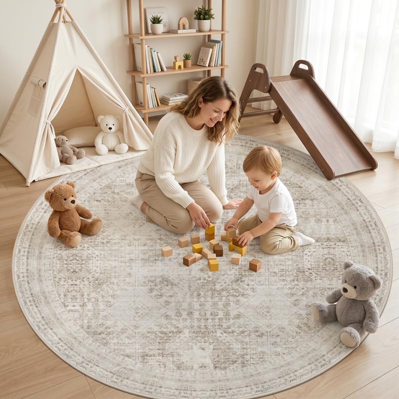 Round Area Rug Living Room: 6ft Neutral Washable Carpet Rug Brown - Image 3