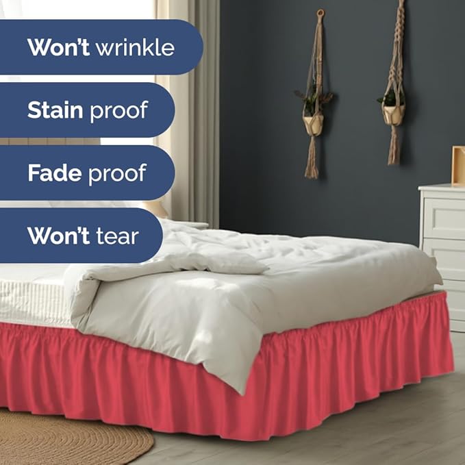 Wrap Around Dust Ruffle Bed Skirt - Red - for Queen Size Beds with 21 Inch Drop - Easy Fit Elastic Strap - Adjustable Pleated Bedskirt w/Brushed Fabric - Wrinkle Free - for Women, Men, Kids & Teens