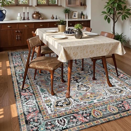 Washable Area Rug 9' x 12' Vintage Traditional Persian Mat - Foldable Distressed Non-Slip Machine Washable Carpet for Living Room Bedroom Kitchen Home Decor - Slate and Multicolor - Image 3