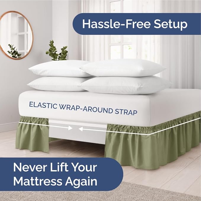 Wrap Around Dust Ruffle Bed Skirt - Sage Green - Twin/Twin XL Size Beds with 15 Inch Drop - Elastic Strap - Adjustable Pleated Bedskirt with Brushed Fabric and Wrinkle Free - Women, Men, Kids & Teens