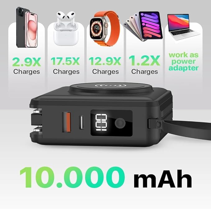 PWRMobile PWR Travel PRO 5-in-1 Power Bank – 10,000mAh with Built-in Cables – 20W USB-C + 15W Wireless Charging – Compact Portable Charger for iPhone & Android- Black