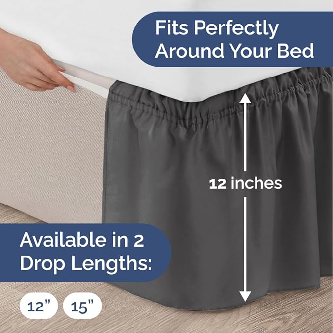 Wrap Around Dust Ruffle Bed Skirt - Charcoal - for Queen Size Beds w/ 12 Inch Drop - Easy Fit Elastic Strap - Adjustable Pleated Bedskirt w/Brushed Fabric - Wrinkle Free - Women, Men, Kids & Teens