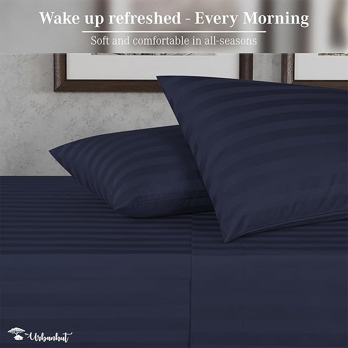 URBANHUT 800 Thread Count 100% Cotton Damask California King Size Sheets Set, 4 Piece Striped Cal King Size Bedsheets, Luxury Hotel Sheets Sateen Weave, 16" Elasticized Deep Pocket- Navy Blue
