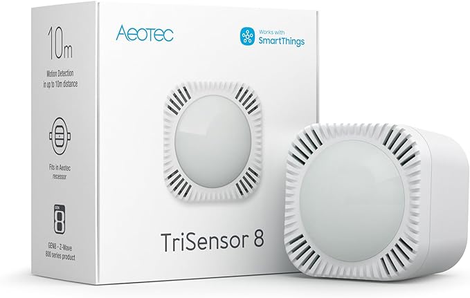 Aeotec TriSensor 8, 800 Series Zwave Motion Sensor, Temperature, Light Sensor, Work with Zwave Hub Smartthings 3-in 1 Security System, Long Range Capable