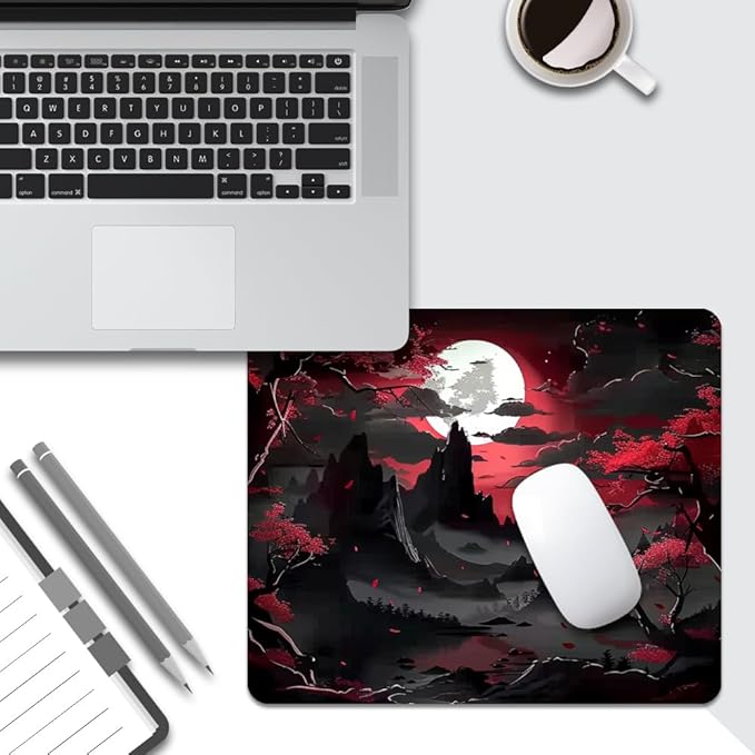 Red Trees, Mountains, and Moon Square Mouse pad, Texture, Waterproof, Anti Slip Rubber Base, Computer Mouse pad, Laptop Mouse pad
