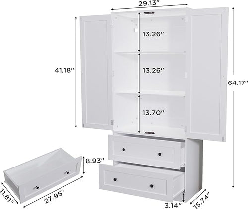 64.2" Tall White Kitchen Pantry, Storage Cabinet with Doors and Drawers, Freestanding Wooden Organizer for Kitchen, Dining Room