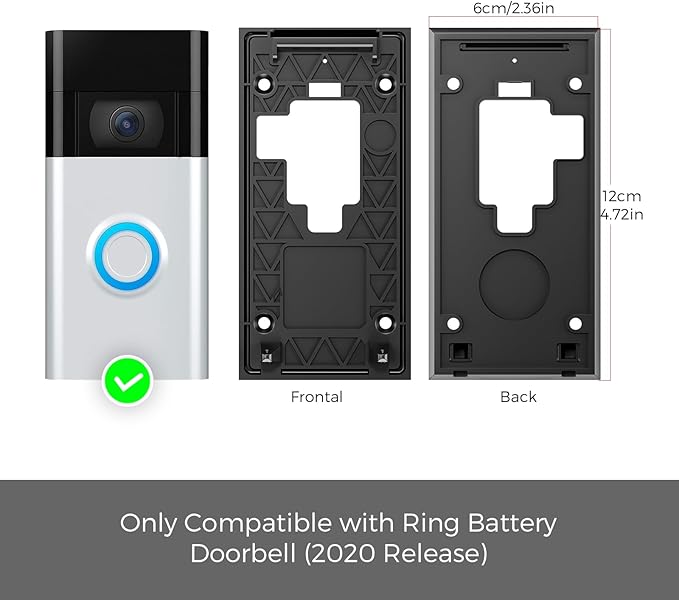 No Drill Ring Doorbell Mount for Battery 2020 - Damage-Free 3M Tape Holder, Rental Friendly No Screws Wall Plate Bracket for Apartment (Ring doorbell 2020 Mount)