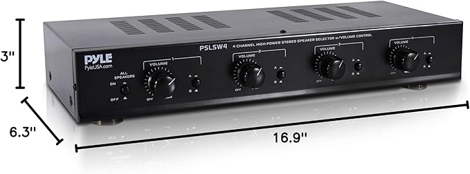 Pyle 4 Channel Speaker Selector Switch - Multi Zone A B Speaker Distribution Controller Box w/Independent Audio Source Volume Control, Supports Home Theater Stereo Amplifier Receiver System - PSLSW4