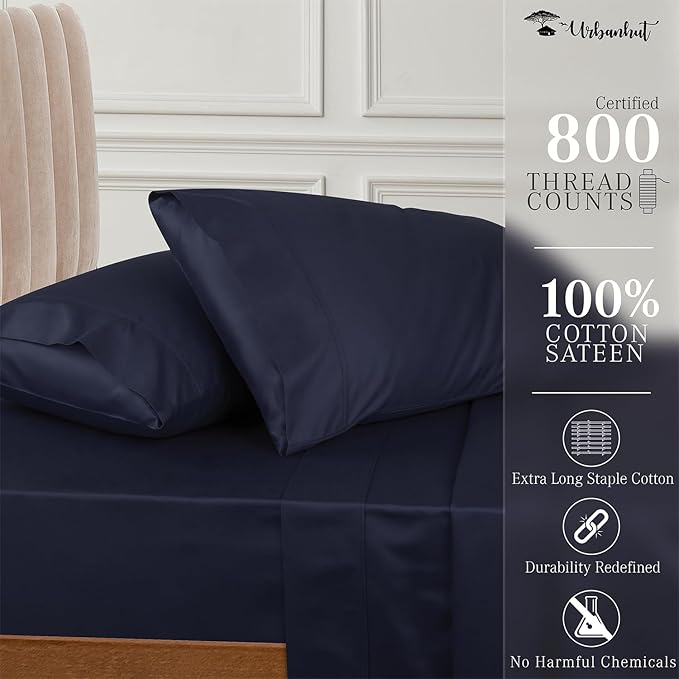 URBANHUT 800 Thread Count 100% Cotton King Size Sheets, Luxury 4 Piece King Bedsheets, Hotel Sheets Sateen Finish - Better Than Egyptian, 16" Elasticized Deep Pocket - Navy Blue