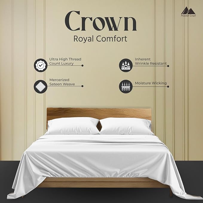 Mayfair Linen 100% Egyptian Cotton Queen Sheets Set - 2000 Series Luxury Sheets Queen Size Bed Set, Soft & Cooling, Sateen Weave 17" Extra Deep Pocket Hotel Collection Sheet (4 Pc, White)