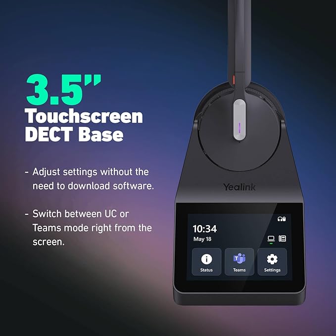 Yealink HA64 Pro Wireless DECT & Bluetooth Headset with Touch Screen for Office, Home, Desk Phone, Computer, Smartphone (Single Speaker)