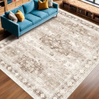 Washable Farmhouse Living Room Rug, 8x10 Area Rugs for Bedroom, Dining Room Under Table Carpet, Kids Room, Large Boho Vintage Non-Slip Floral Rugs Low Pile Stain Resistant (8x10 Beige/Latte) by HazoHaus