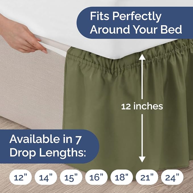 Wrap Around Dust Ruffle Bed Skirt - Sage Green - Twin/Twin XL Size Beds with 12 Inch Drop - Elastic Strap - Adjustable Pleated Bedskirt with Brushed Fabric and Wrinkle Free - Women, Men, Kids & Teens