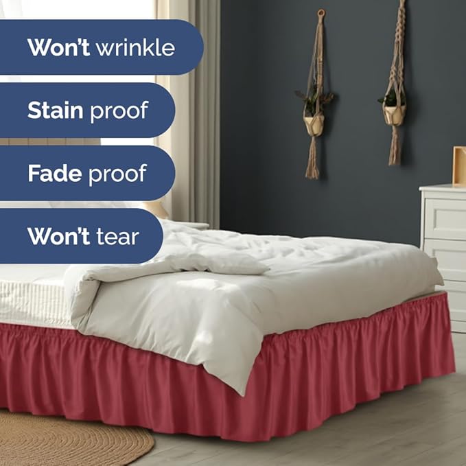 Wrap Around Dust Ruffle Bed Skirt - Burgundy - for King Size Beds with 18 Inch Drop - Easy Fit Elastic Strap - Adjustable Pleated Bedskirt w/Brushed Fabric Wrinkle Free - for Women, Men, Kids & Teens