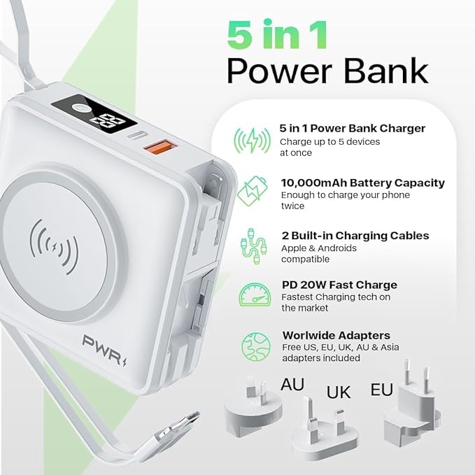 PWRMobile PWR Travel PRO 5-in-1 Power Bank – 10,000mAh with Built-in Cables – 20W USB-C + 15W Wireless Charging – Compact Portable Charger for iPhone & Android - White