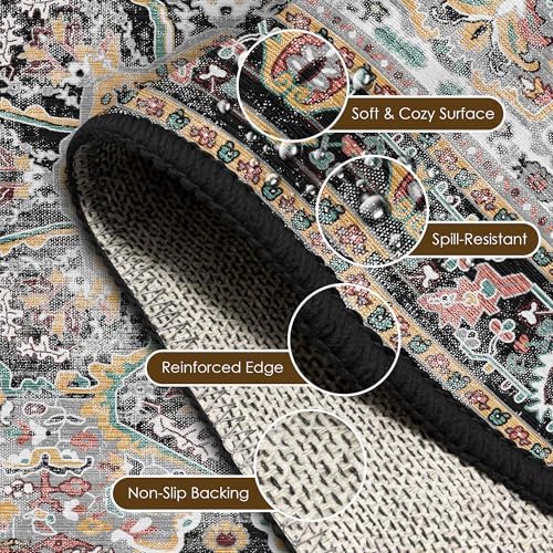 Washable Area Rug 9' x 12' Vintage Traditional Persian Mat - Foldable Distressed Non-Slip Machine Washable Carpet for Living Room Bedroom Kitchen Home Decor - Slate and Multicolor - Image 6