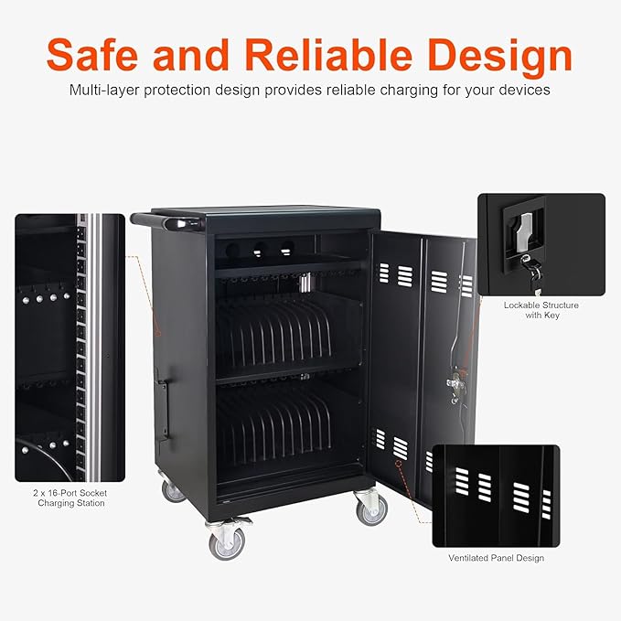 Aokleo 32 Devices Laptop Charging Cart, Tablet Storage Carts for Pad Up to 16.3" Screen Size, Classroom Computer Mobile Charging Station for Pads,Chromebooks,Laptops,Security Storage (Black)