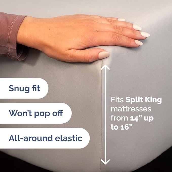 Split Head King Sheets Set - Top Split King Sheets for Adjustable Beds, Easy-Fit Split Head King Mattress - Flex Split Top King Sheets, Easy-Fit, Breathable, Deep Pocket Split King Sheets - Light Grey