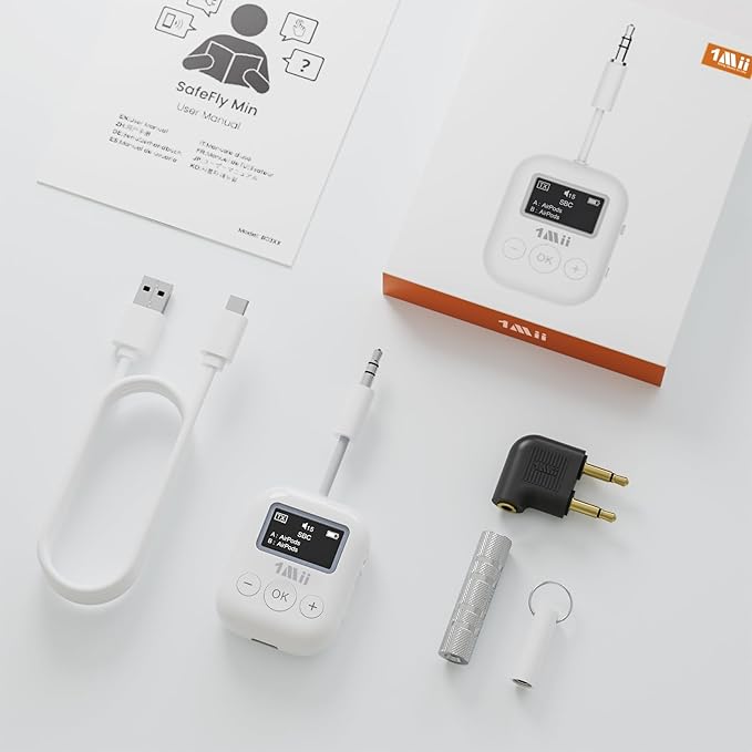 1Mii Airplane Bluetooth 5.3 Transmitter for All Headphones - Bluetooth Adapter for TV - Dual Connection - aptX Low Latency - Flying Travel, Wireless Audio Aux for MP3,Game,PC-White