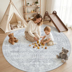 Round Area Rug Living Room: 8ft Neutral Washable Carpet Rug Gray - Image 3