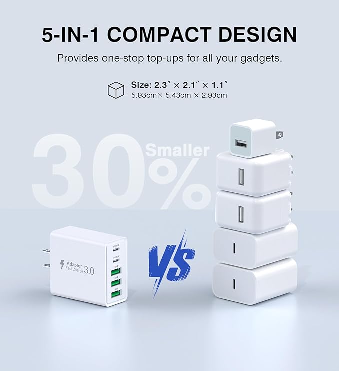 [2-Pack] USB C Wall Charger,60W 5-Port PD Fast USB C Charging Block,2USB C+3USB A Multiport Plug,Type C Power Adapter Brick Cube for iPhone 17/16/15/14/13/12/Pro Max/XS,iPad,for Switch,Samsung,Ultra 2
