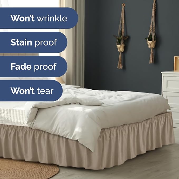 Wrap Around Dust Ruffle Bed Skirt - Cream - for Full Size Beds w/ 14 Inch Drop - Easy Fit Elastic Strap - Adjustable Pleated Bedskirt w/Brushed Fabric, Wrinkle & Fade Free Women, Men, Kids & Teens