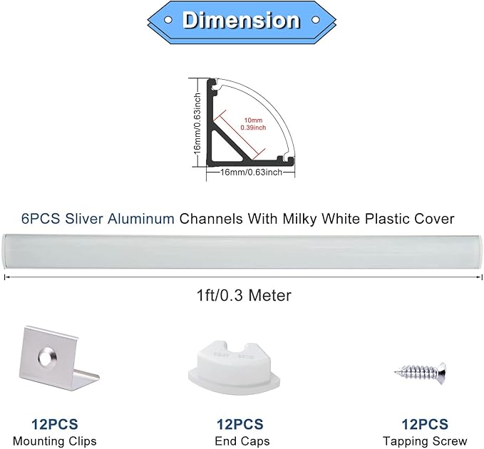 VST 6Pack 1 ft LED Aluminum Channel with Milky White Cover V Shape 16x16mm, Led Strip Light Track with End Caps and Mounting Clips Accessories for Living Room, Kitchen