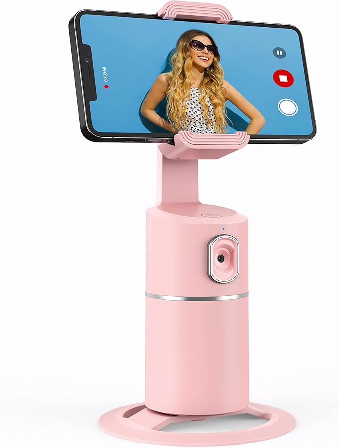 camrola Auto Face Tracking Phone Holder, No App Required, 360° Rotation Face Body Phone Tracking Tripod Smart Shooting Camera Mount for Live Vlog Streaming Video, Rechargeable Battery-Pink