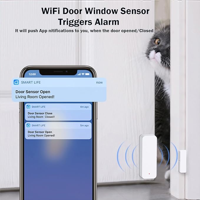 WiFi Door Sensor Window Detector: Smart Window Contact Sensor, Wireless Magnetic Door Open Detector with Free Notification Alerts, Compatible with Alexa Google Assistant (2-Pack)