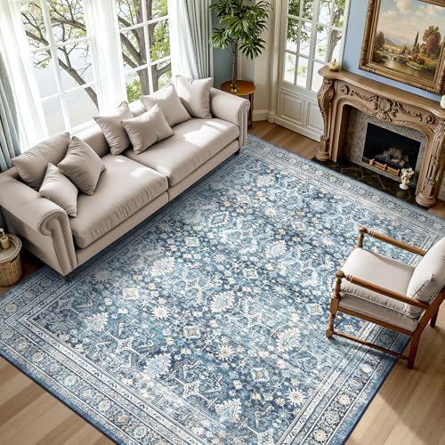 6x9 Area Rugs for Living Room Bedroom, Blue Washable Non-Slip Carpet by Lofus