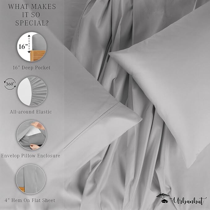 URBANHUT 800 Thread Count 100% Cotton Queen Size Sheets, Luxury 4 Piece Queen Bedsheets, Hotel Sheets Sateen Finish - Better Than Egyptian, 16" Elasticized Deep Pocket - Silver Grey