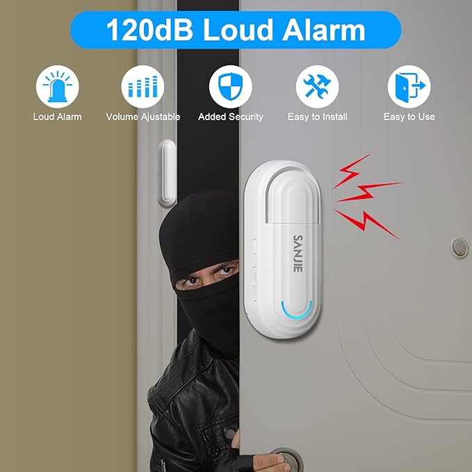 SanJie Adjustable Volume Door Alarm Sensor for Home Security & Child Safety, 120dB Burglar Alarm with 4 Modes - Wireless Window & Entry Alert for Pool, Office, Shop, Business