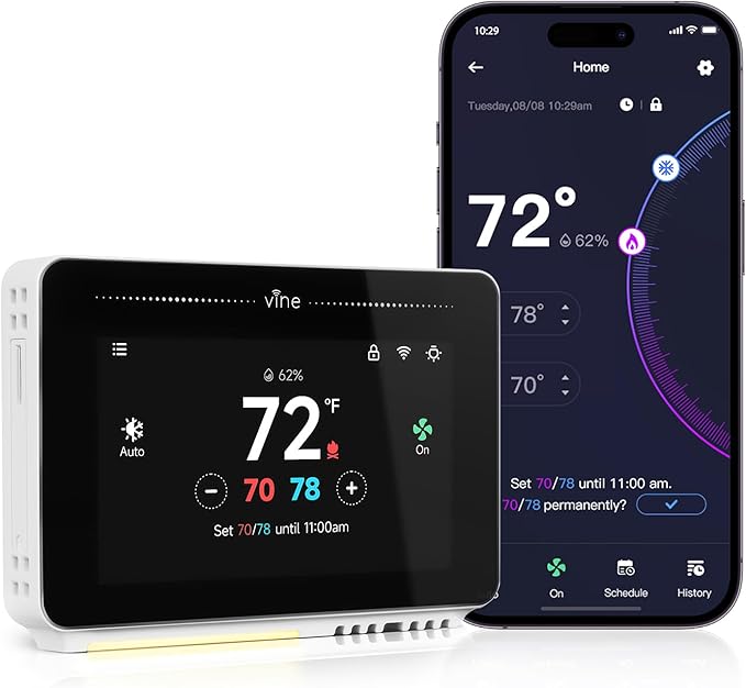 Vine Smart Thermostat for House with Nightlight, 4.3 Inches WiFi Thermostats for Home Compatible with Alexa and Google Assistant, 7day x 8period Programmable, C-Wire Required