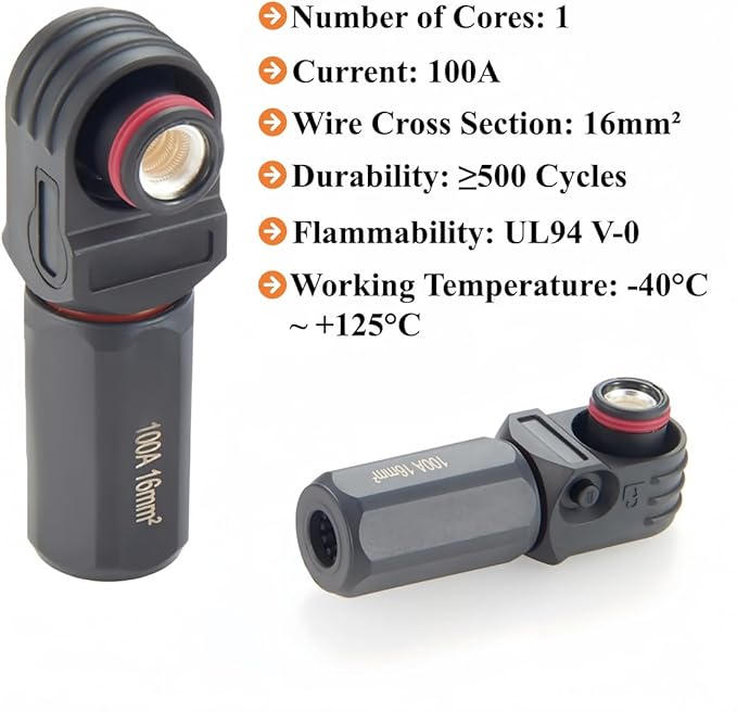 1 Set Battery Energy Storage Connector 100A 16mm² High Current HV Connectors Quick Plug Terminal Right Angle Plug and Socket IP67 Waterproof Power Adapter (Black, 100A)