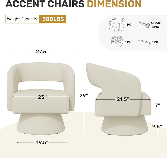 Swivel Accent Chair Set of 4, Modern Comfy Chenille Barrel Chairs, Oversized Upholstered Round Arm Chair for Living Room, Bedroom, Reading Room, Beige