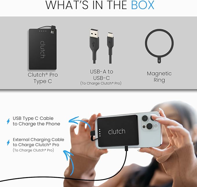 Clutch - Pro USB-C Portable Charger - Compatible with iPhone 15,16, 17 & Android Devices - Power Bank Magnetic Battery - TSA Travel Approved - USB Rechargeable - Built-in Cable - 5000 mAh - 3.7oz