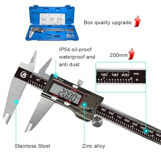 KETOTEK Digital Caliper 8" Electronic Caliper IP54 Splash Proof, Measuring Tool with Stainless Steel, Micrometer LCD Screen, Switch from Inch Metric, Auto-Off for 3D Printing, Jewelry (200 mm)