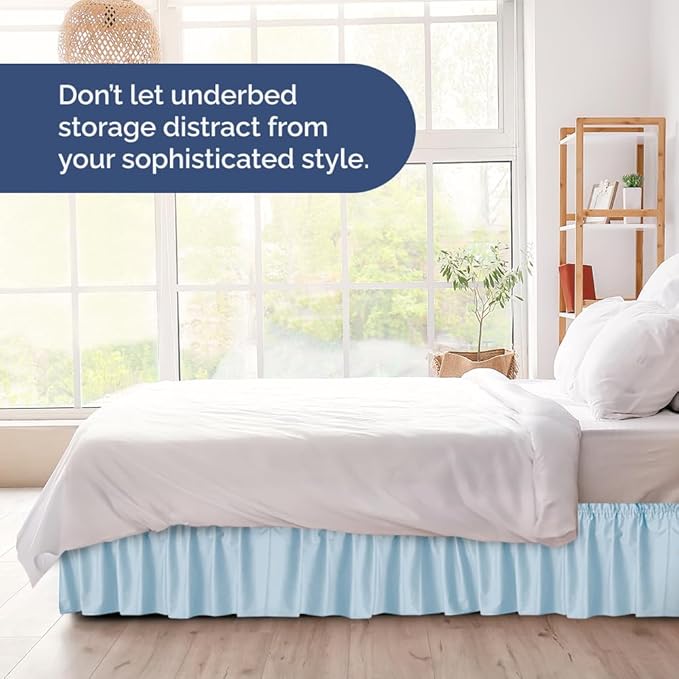 Wrap Around Dust Ruffle Bed Skirt - Light Blue - for King Size Beds with 21 Inch Drop - Elastic Strap - Adjustable Pleated Bedskirt with Brushed Fabric and Wrinkle Free - for Women, Men, Kids & Teens