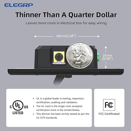 ELEGRP Digital Toggle Dimmer Switch for Dimmable LED, CFL and Incandescent Light Bulbs, Single Pole or 3-Way Toggle LED Dimmer Light Switch, Wall Plate Included, UL Listed, 1 Pack, Black