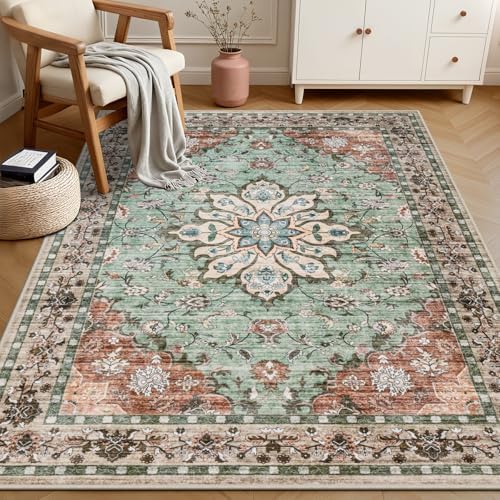 5x7 Area Rugs Living Room: Washable Rug for Bedroom Brown Green - Image 3