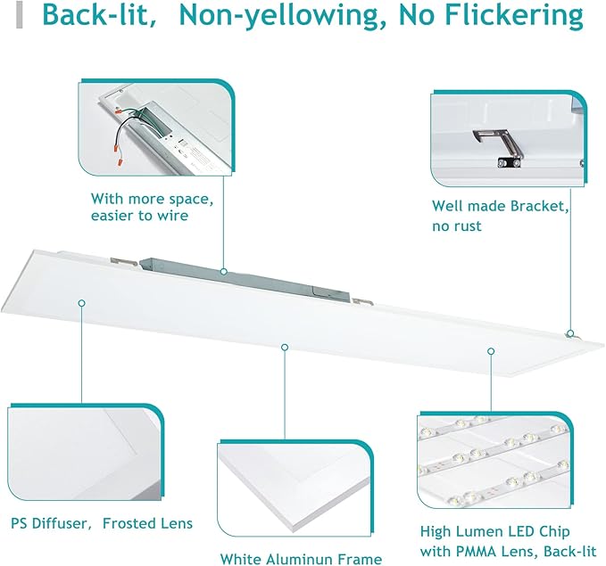VocgoUU 1x4 LED Flat Panel Light 5000K 4000K 3000K - 1x4 LED Troffer Drop Ceiling Light Fixture, 0-10V Dimmable, 100-277V, ETL Listed, 4 Pack