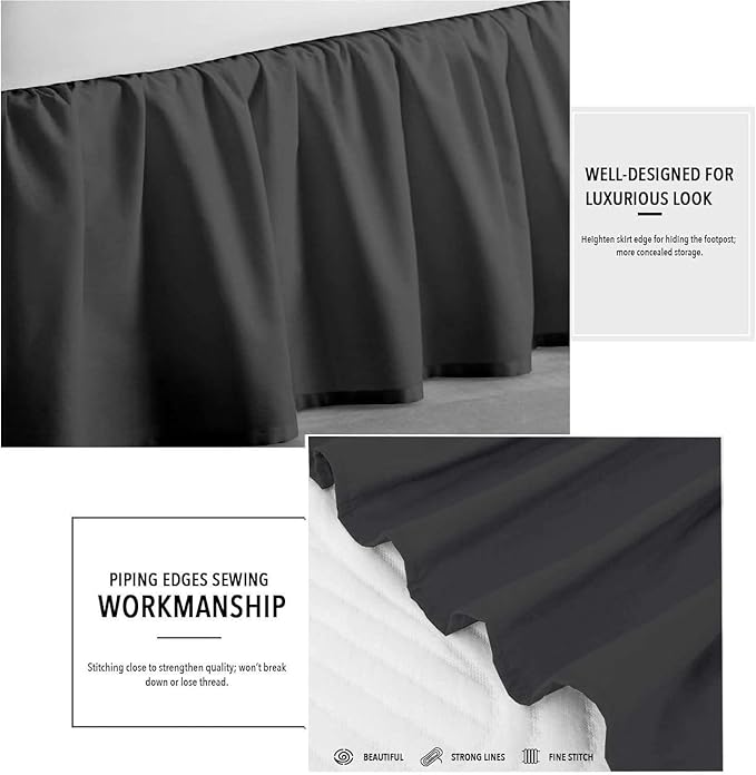 Dark Grey Solid Ruffled Bed Skirt Queen-18 Inch Drop Split Corner, Microfiber Bedskirt with Platform Three Sided Coverage