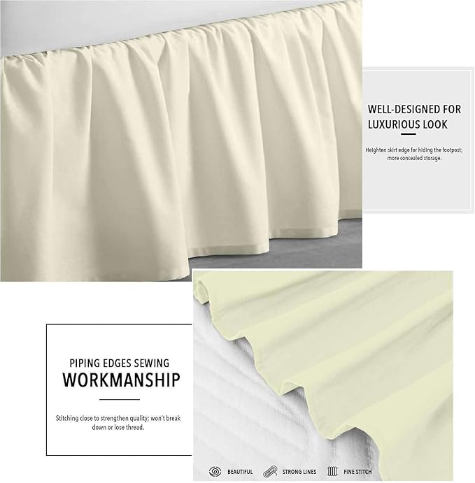 Sleepwell Ivory Solid Ruffled Bed Skirt King XL-10 Inch Drop Split Corner, Microfiber Bedskirt with Platform Three Sided Coverage
